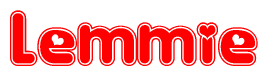 The image is a red and white graphic with the word Lemmie written in a decorative script. Each letter in  is contained within its own outlined bubble-like shape. Inside each letter, there is a white heart symbol.