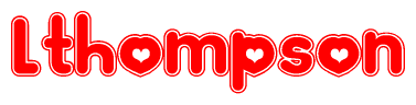 The image is a red and white graphic with the word Lthompson written in a decorative script. Each letter in  is contained within its own outlined bubble-like shape. Inside each letter, there is a white heart symbol.