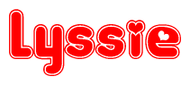The image is a red and white graphic with the word Lyssie written in a decorative script. Each letter in  is contained within its own outlined bubble-like shape. Inside each letter, there is a white heart symbol.