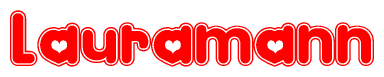 The image is a clipart featuring the word Lauramann written in a stylized font with a heart shape replacing inserted into the center of each letter. The color scheme of the text and hearts is red with a light outline.