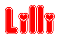 The image is a clipart featuring the word Lilli written in a stylized font with a heart shape replacing inserted into the center of each letter. The color scheme of the text and hearts is red with a light outline.