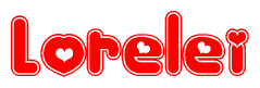 The image is a red and white graphic with the word Lorelei written in a decorative script. Each letter in  is contained within its own outlined bubble-like shape. Inside each letter, there is a white heart symbol.