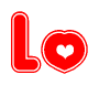 The image is a clipart featuring the word Lo written in a stylized font with a heart shape replacing inserted into the center of each letter. The color scheme of the text and hearts is red with a light outline.