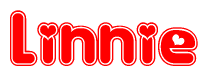   The image is a clipart featuring the word Linnie written in a stylized font with a heart shape replacing inserted into the center of each letter. The color scheme of the text and hearts is red with a light outline. 