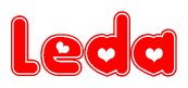 The image displays the word Leda written in a stylized red font with hearts inside the letters.