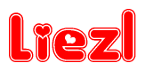 The image is a red and white graphic with the word Liezl written in a decorative script. Each letter in  is contained within its own outlined bubble-like shape. Inside each letter, there is a white heart symbol.