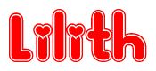 The image is a clipart featuring the word Lilith written in a stylized font with a heart shape replacing inserted into the center of each letter. The color scheme of the text and hearts is red with a light outline.