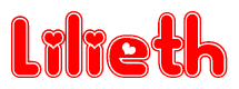 The image is a red and white graphic with the word Lilieth written in a decorative script. Each letter in  is contained within its own outlined bubble-like shape. Inside each letter, there is a white heart symbol.