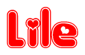 The image is a red and white graphic with the word Lile written in a decorative script. Each letter in  is contained within its own outlined bubble-like shape. Inside each letter, there is a white heart symbol.