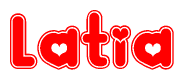 The image is a red and white graphic with the word Latia written in a decorative script. Each letter in  is contained within its own outlined bubble-like shape. Inside each letter, there is a white heart symbol.