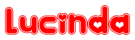 The image is a red and white graphic with the word Lucinda written in a decorative script. Each letter in  is contained within its own outlined bubble-like shape. Inside each letter, there is a white heart symbol.