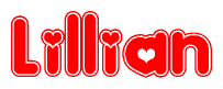 The image is a clipart featuring the word Lillian written in a stylized font with a heart shape replacing inserted into the center of each letter. The color scheme of the text and hearts is red with a light outline.