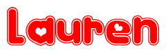The image is a clipart featuring the word Lauren written in a stylized font with a heart shape replacing inserted into the center of each letter. The color scheme of the text and hearts is red with a light outline.