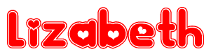 The image is a clipart featuring the word Lizabeth written in a stylized font with a heart shape replacing inserted into the center of each letter. The color scheme of the text and hearts is red with a light outline.