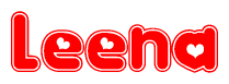 The image is a red and white graphic with the word Leena written in a decorative script. Each letter in  is contained within its own outlined bubble-like shape. Inside each letter, there is a white heart symbol.