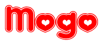 The image is a clipart featuring the word Mogo written in a stylized font with a heart shape replacing inserted into the center of each letter. The color scheme of the text and hearts is red with a light outline.