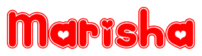The image is a red and white graphic with the word Marisha written in a decorative script. Each letter in  is contained within its own outlined bubble-like shape. Inside each letter, there is a white heart symbol.