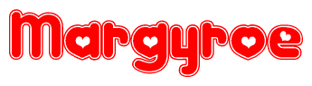 The image displays the word Margyroe written in a stylized red font with hearts inside the letters.