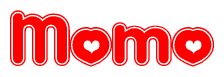 The image displays the word Momo written in a stylized red font with hearts inside the letters.
