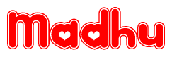 The image displays the word Madhu written in a stylized red font with hearts inside the letters.