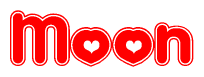 The image is a red and white graphic with the word Moon written in a decorative script. Each letter in  is contained within its own outlined bubble-like shape. Inside each letter, there is a white heart symbol.