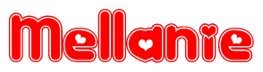 The image is a red and white graphic with the word Mellanie written in a decorative script. Each letter in  is contained within its own outlined bubble-like shape. Inside each letter, there is a white heart symbol.