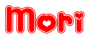 The image is a clipart featuring the word Mori written in a stylized font with a heart shape replacing inserted into the center of each letter. The color scheme of the text and hearts is red with a light outline.