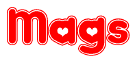 The image is a red and white graphic with the word Mags written in a decorative script. Each letter in  is contained within its own outlined bubble-like shape. Inside each letter, there is a white heart symbol.