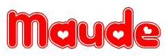 The image is a red and white graphic with the word Maude written in a decorative script. Each letter in  is contained within its own outlined bubble-like shape. Inside each letter, there is a white heart symbol.