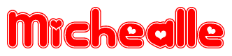 The image is a red and white graphic with the word Michealle written in a decorative script. Each letter in  is contained within its own outlined bubble-like shape. Inside each letter, there is a white heart symbol.