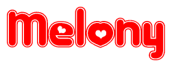 The image is a clipart featuring the word Melony written in a stylized font with a heart shape replacing inserted into the center of each letter. The color scheme of the text and hearts is red with a light outline.