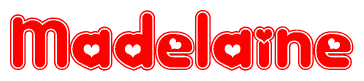 The image is a clipart featuring the word Madelaine written in a stylized font with a heart shape replacing inserted into the center of each letter. The color scheme of the text and hearts is red with a light outline.