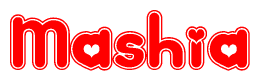 The image is a clipart featuring the word Mashia written in a stylized font with a heart shape replacing inserted into the center of each letter. The color scheme of the text and hearts is red with a light outline.