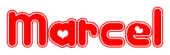 The image displays the word Marcel written in a stylized red font with hearts inside the letters.