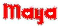 The image is a red and white graphic with the word Maya written in a decorative script. Each letter in  is contained within its own outlined bubble-like shape. Inside each letter, there is a white heart symbol.