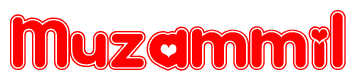 The image is a clipart featuring the word Muzammil written in a stylized font with a heart shape replacing inserted into the center of each letter. The color scheme of the text and hearts is red with a light outline.