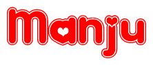 The image is a red and white graphic with the word Manju written in a decorative script. Each letter in  is contained within its own outlined bubble-like shape. Inside each letter, there is a white heart symbol.