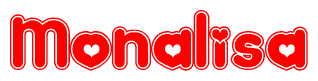 The image is a red and white graphic with the word Monalisa written in a decorative script. Each letter in  is contained within its own outlined bubble-like shape. Inside each letter, there is a white heart symbol.