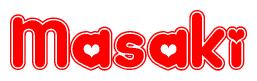 The image is a clipart featuring the word Masaki written in a stylized font with a heart shape replacing inserted into the center of each letter. The color scheme of the text and hearts is red with a light outline.