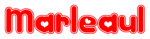 The image is a red and white graphic with the word Marleaul written in a decorative script. Each letter in  is contained within its own outlined bubble-like shape. Inside each letter, there is a white heart symbol.