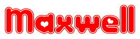 The image is a clipart featuring the word Maxwell written in a stylized font with a heart shape replacing inserted into the center of each letter. The color scheme of the text and hearts is red with a light outline.