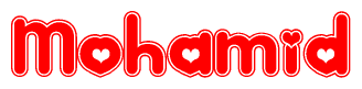 The image is a red and white graphic with the word Mohamid written in a decorative script. Each letter in  is contained within its own outlined bubble-like shape. Inside each letter, there is a white heart symbol.