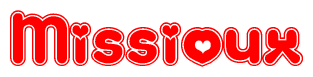 The image is a red and white graphic with the word Missioux written in a decorative script. Each letter in  is contained within its own outlined bubble-like shape. Inside each letter, there is a white heart symbol.
