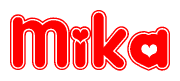 The image is a red and white graphic with the word Mika written in a decorative script. Each letter in  is contained within its own outlined bubble-like shape. Inside each letter, there is a white heart symbol.