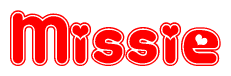   The image is a red and white graphic with the word Missie written in a decorative script. Each letter in  is contained within its own outlined bubble-like shape. Inside each letter, there is a white heart symbol. 