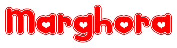 The image displays the word Marghora written in a stylized red font with hearts inside the letters.
