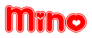 The image is a red and white graphic with the word Mino written in a decorative script. Each letter in  is contained within its own outlined bubble-like shape. Inside each letter, there is a white heart symbol.