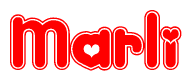 The image is a red and white graphic with the word Marli written in a decorative script. Each letter in  is contained within its own outlined bubble-like shape. Inside each letter, there is a white heart symbol.