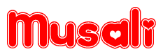 The image is a clipart featuring the word Musali written in a stylized font with a heart shape replacing inserted into the center of each letter. The color scheme of the text and hearts is red with a light outline.