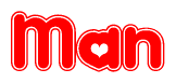 The image is a clipart featuring the word Man written in a stylized font with a heart shape replacing inserted into the center of each letter. The color scheme of the text and hearts is red with a light outline.